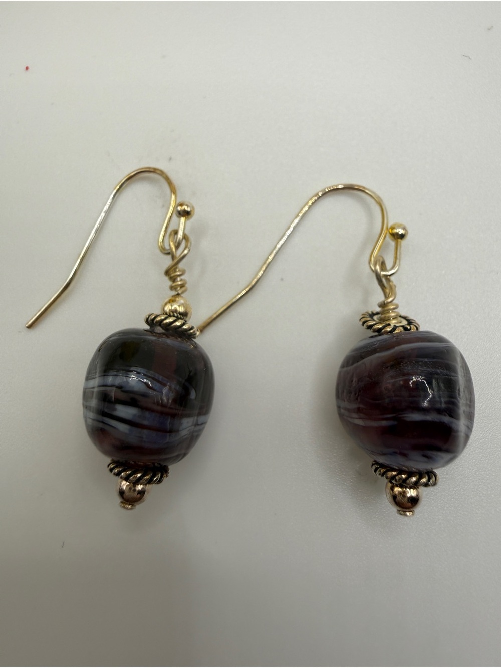 Handcrafted Purple Glass Bead Drop Earrings with Gold Accents